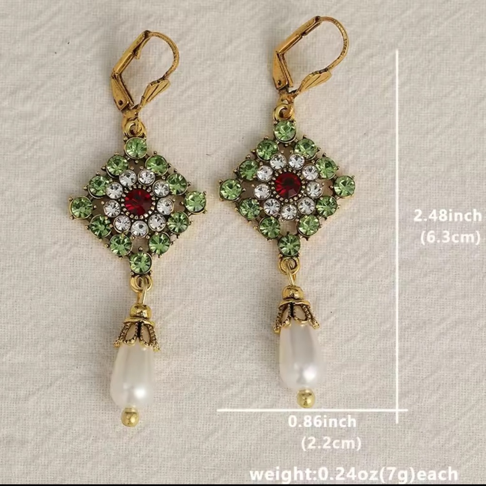Vintage Gold and Green Floral Drop Earrings - Picture 2 of 4